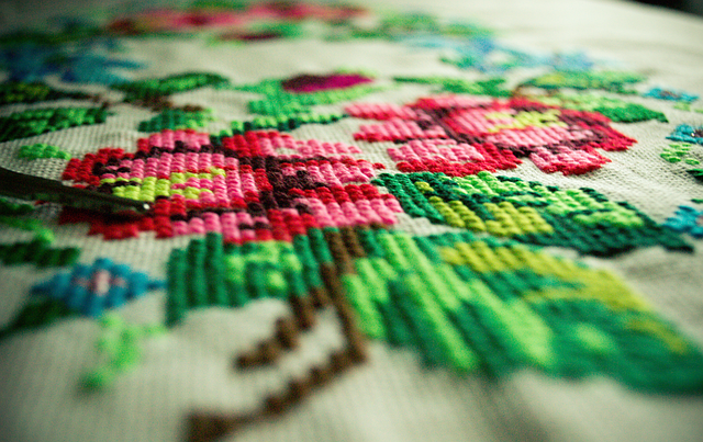 Close-up of reflective stitching on a dog harness