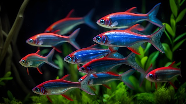 A school of neon tetras swimming peacefully in an aquarium with ghost shrimp
