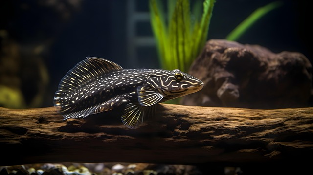 A small otocinclus catfish clinging to a plant leaf in a well-maintained aquarium