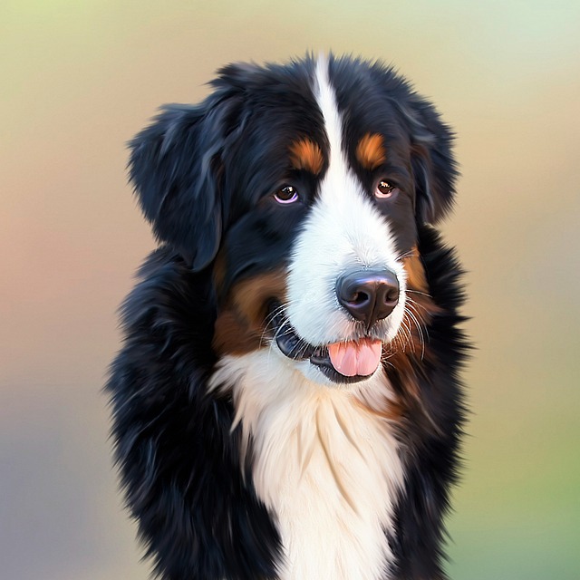 A large, fluffy Bernese Mountain Dog pup sitting attentively.