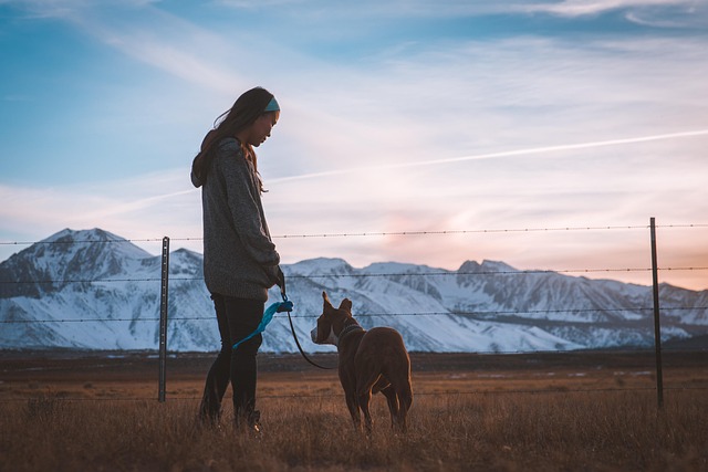 A woman holding a dog on a leash outdoors near mountains