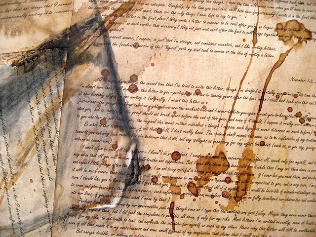Old paper with brown stains and handwritten text.